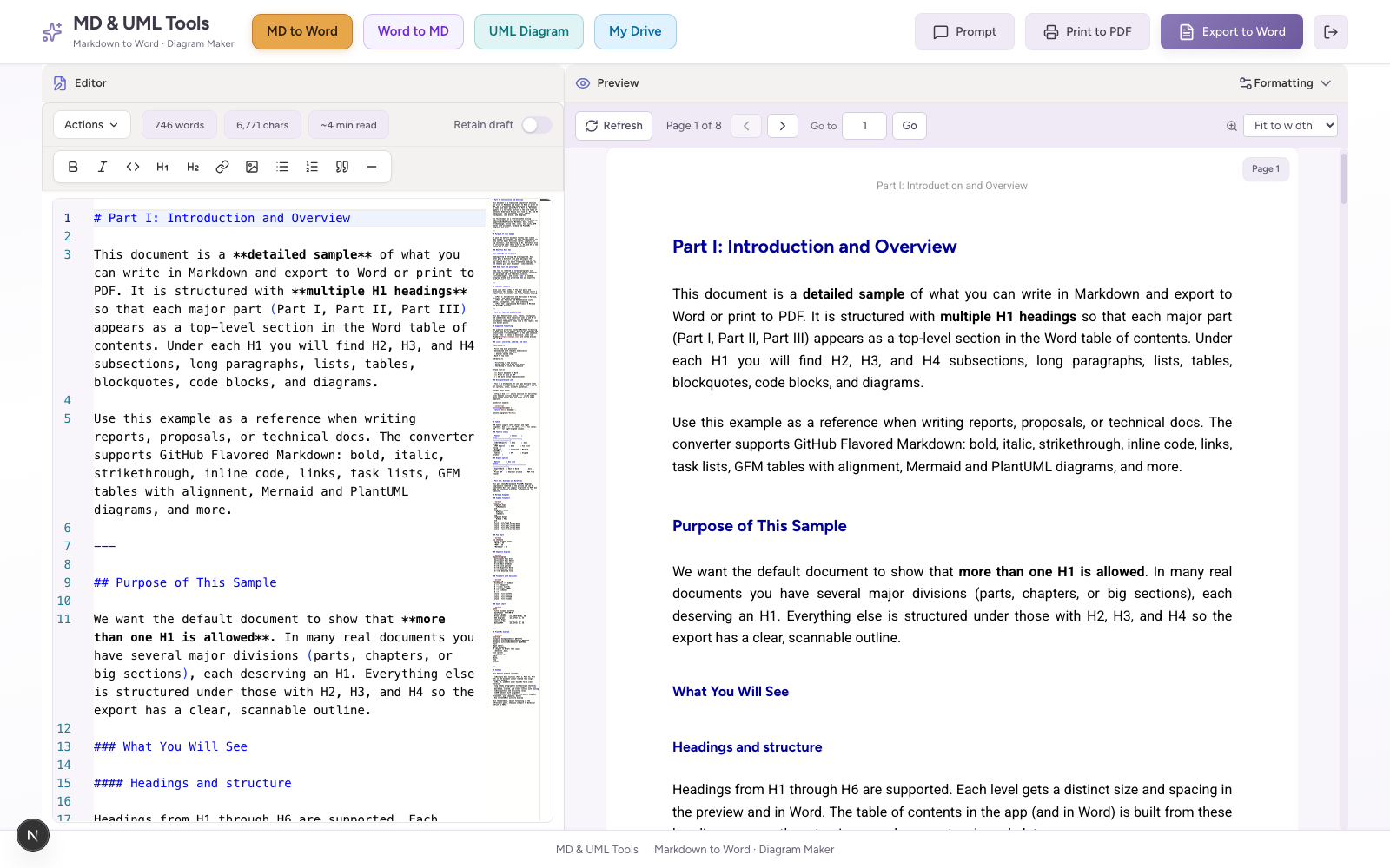 Presel Markdown to Word editor with live preview and Export to Word